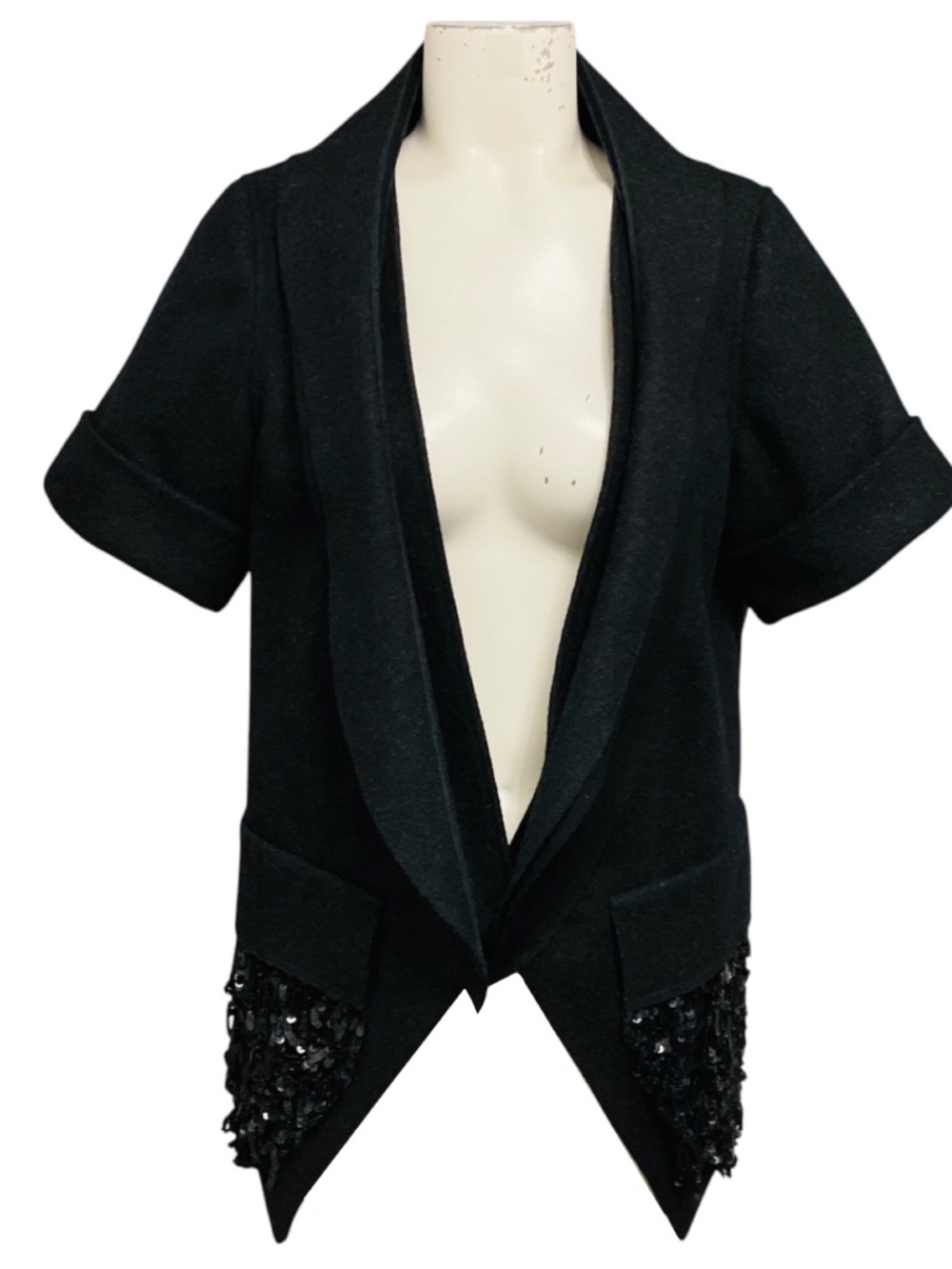VERA WANG CHARCOAL GREY SEQUIN EMBELLISHED SHORT SLEEVED WOOL JACKET